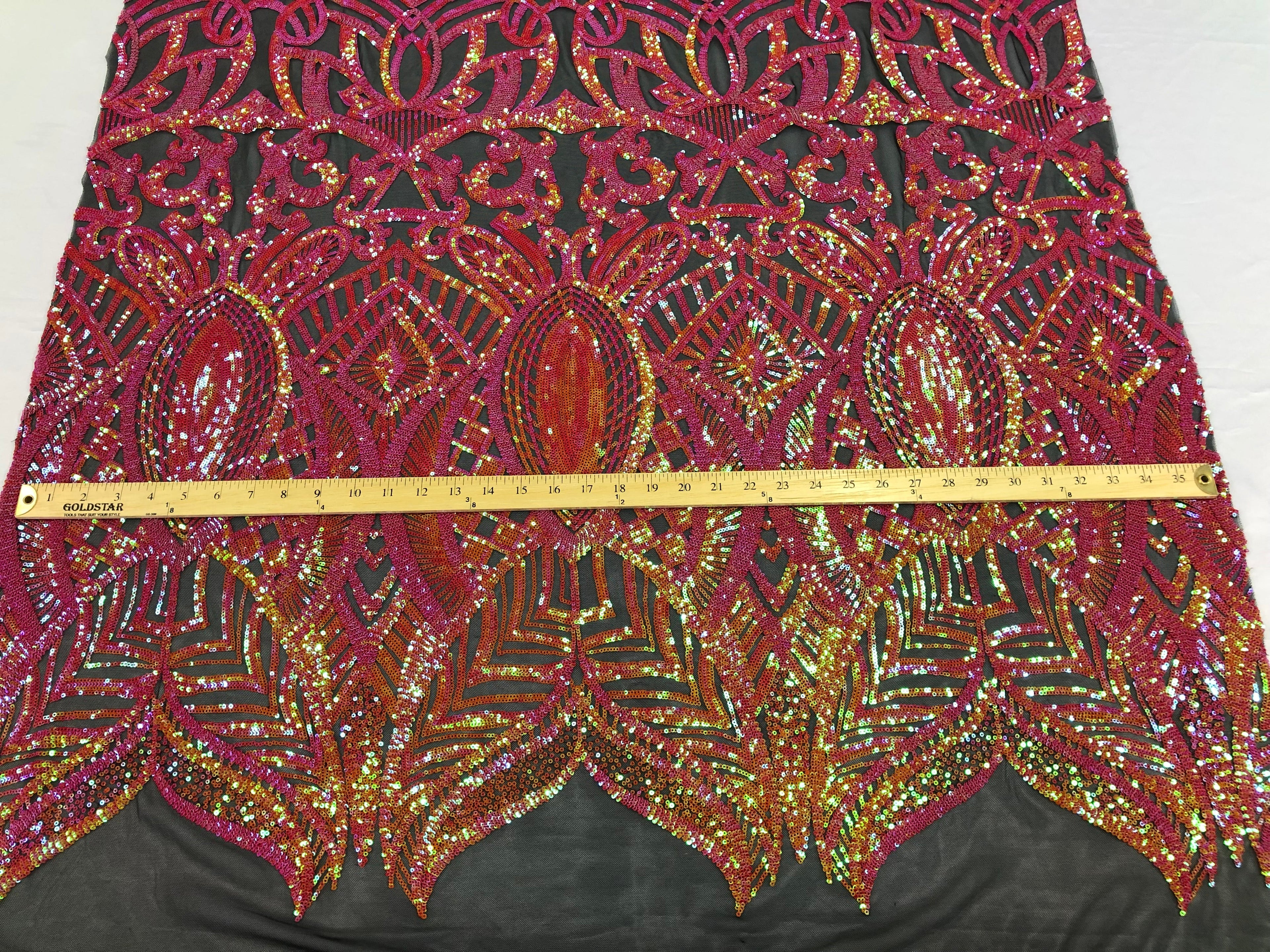 Hologram Fuschia / Orange - 4 Way Stretch Embroidered Royalty Sequins Design Fabric By Yard