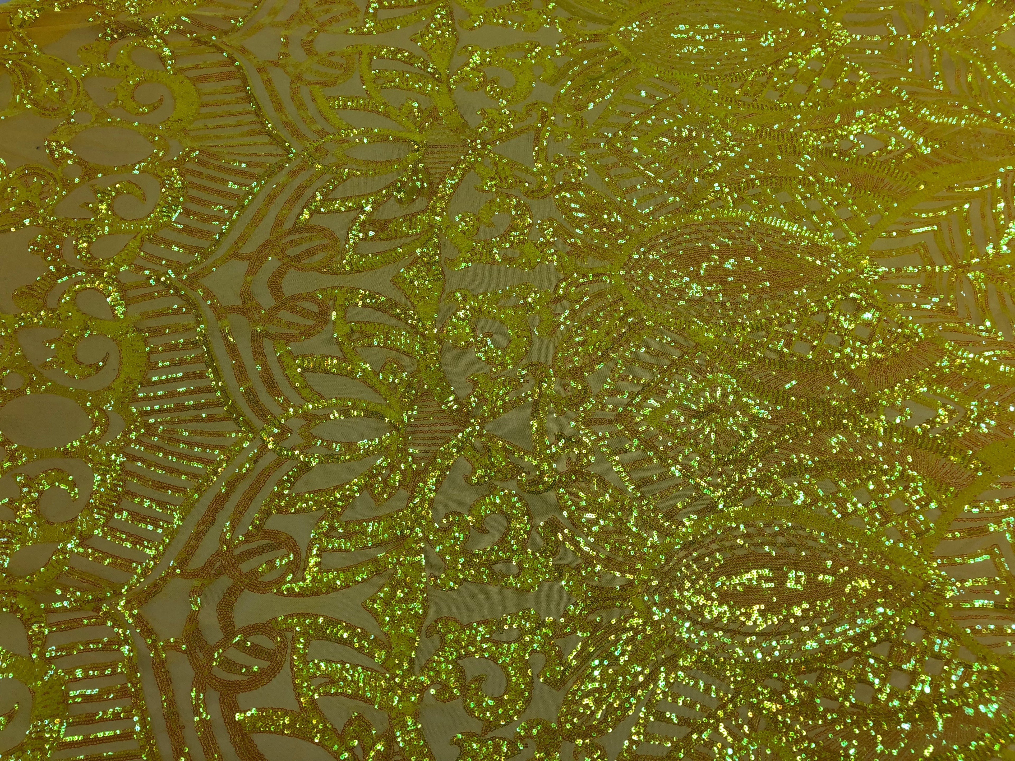 Hologram Yellow  - 4 Way Stretch Embroidered Royalty Sequins Design Fabric By Yard