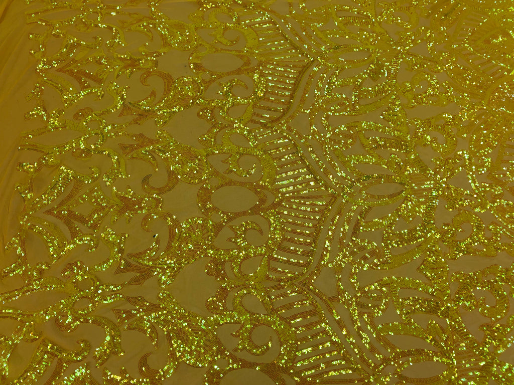 Hologram Yellow  - 4 Way Stretch Embroidered Royalty Sequins Design Fabric By Yard