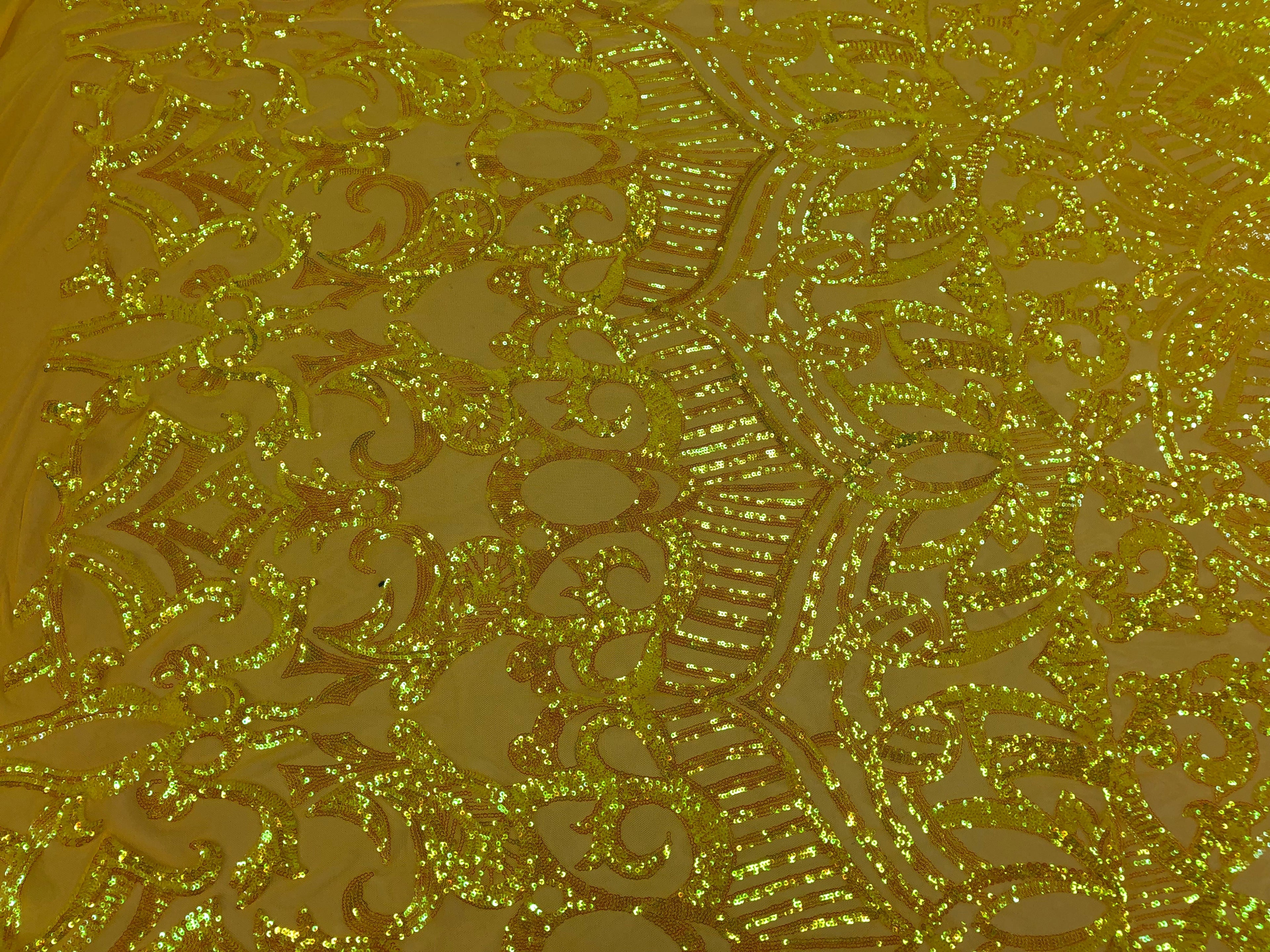 Hologram Yellow  - 4 Way Stretch Embroidered Royalty Sequins Design Fabric By Yard