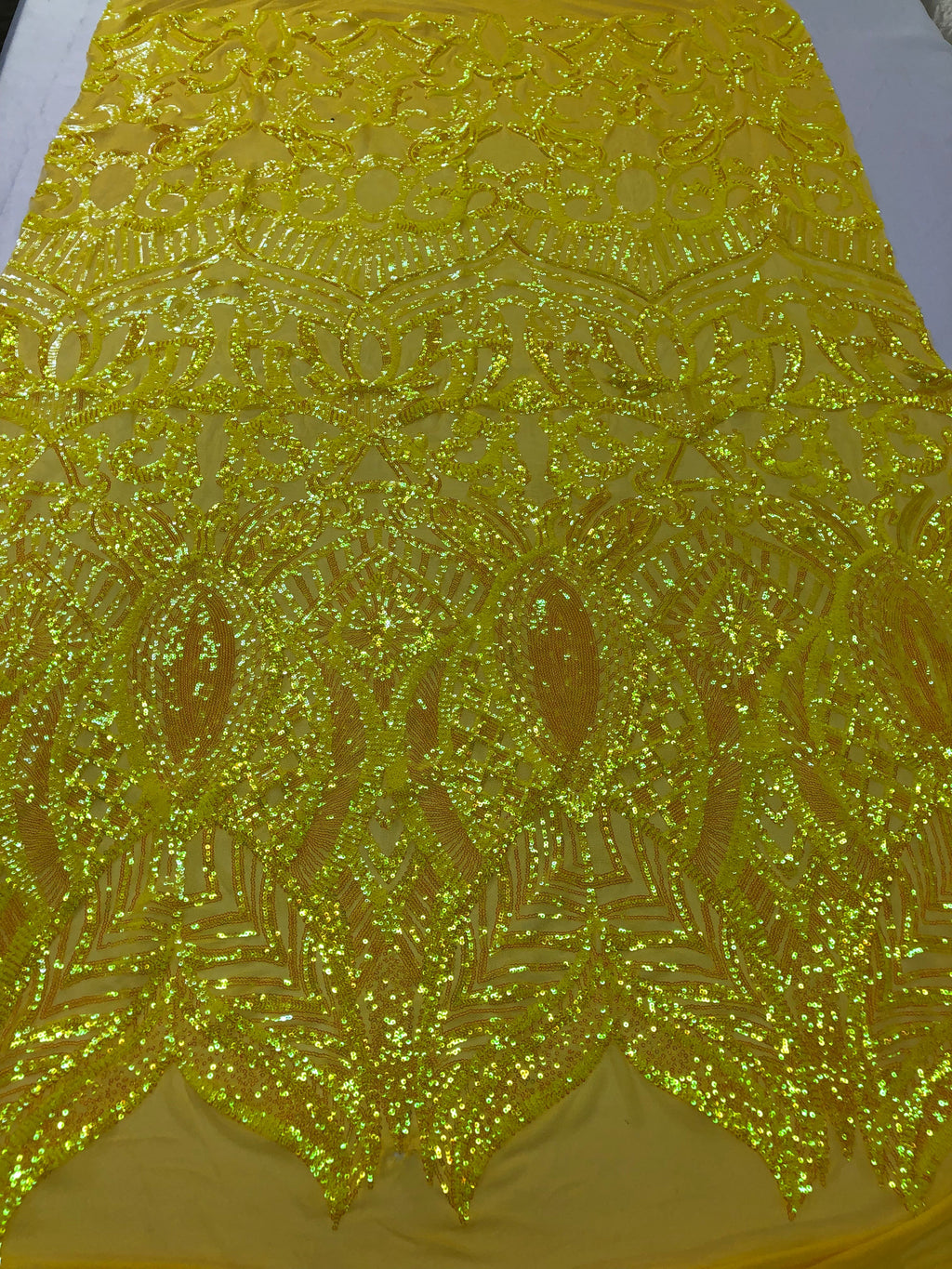 Hologram Yellow  - 4 Way Stretch Embroidered Royalty Sequins Design Fabric By Yard