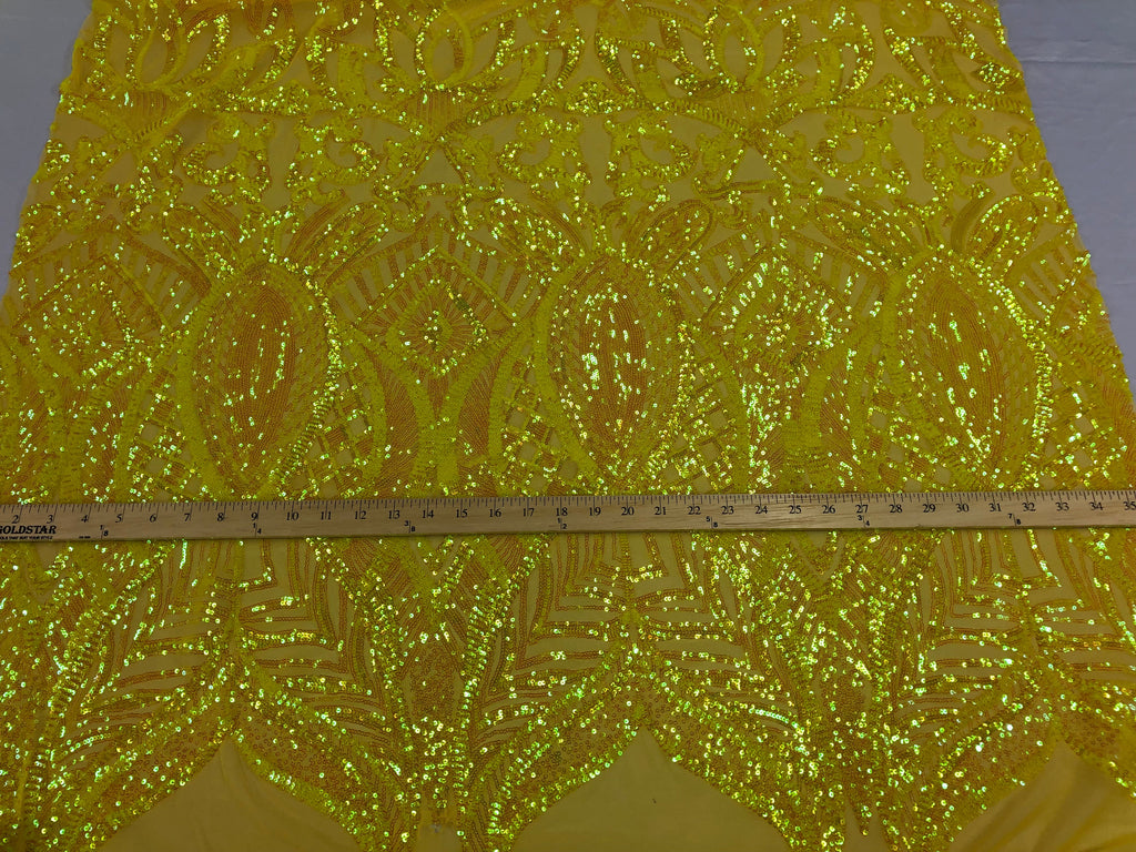 Hologram Yellow  - 4 Way Stretch Embroidered Royalty Sequins Design Fabric By Yard