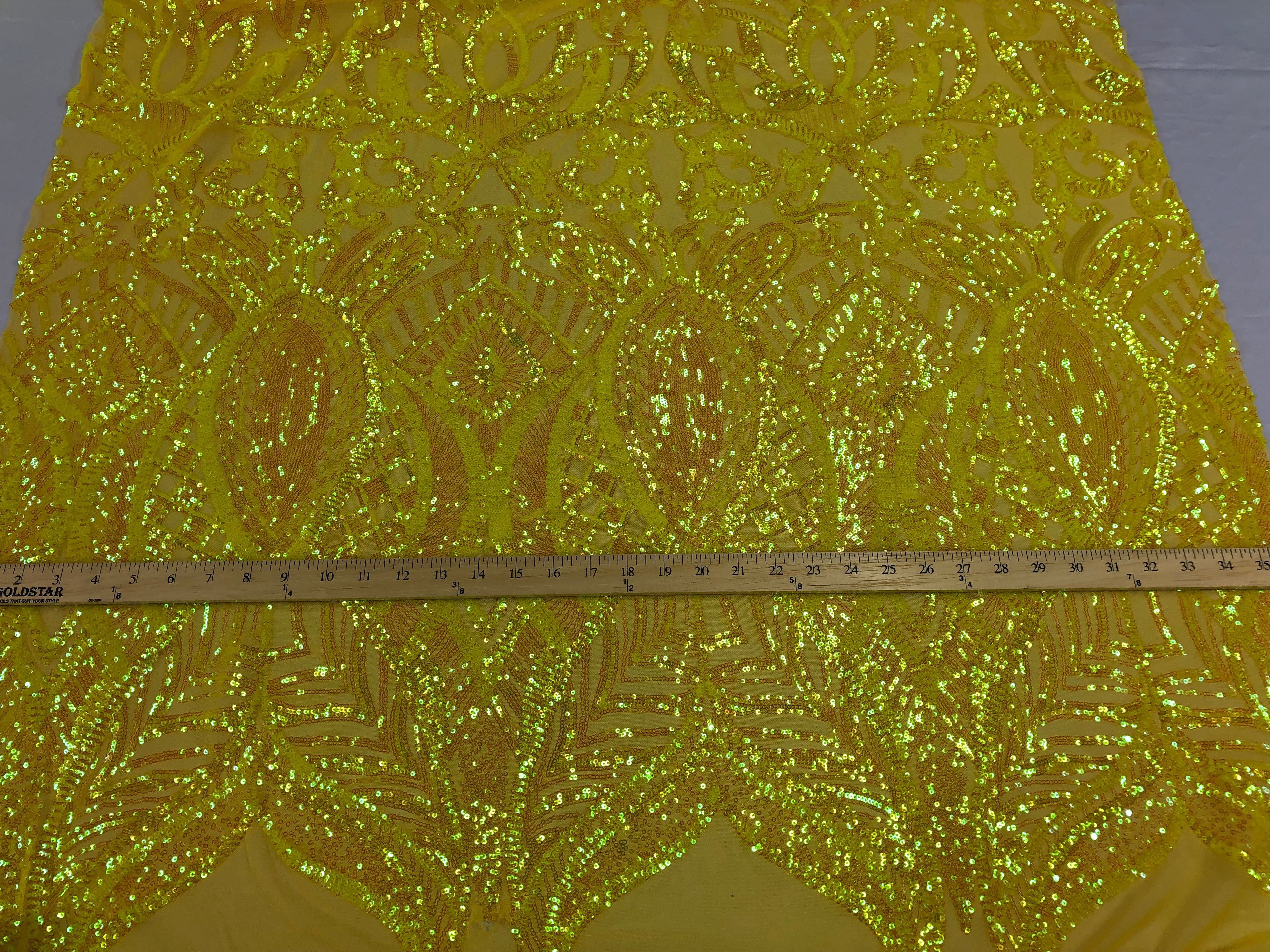 Hologram Yellow  - 4 Way Stretch Embroidered Royalty Sequins Design Fabric By Yard