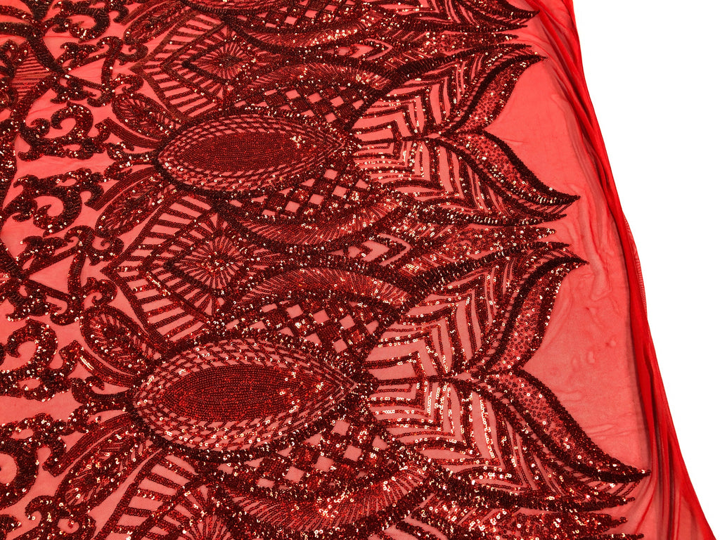 Hologram Red - 4 Way Stretch Embroidered Royalty Sequins Design Fabric By Yard