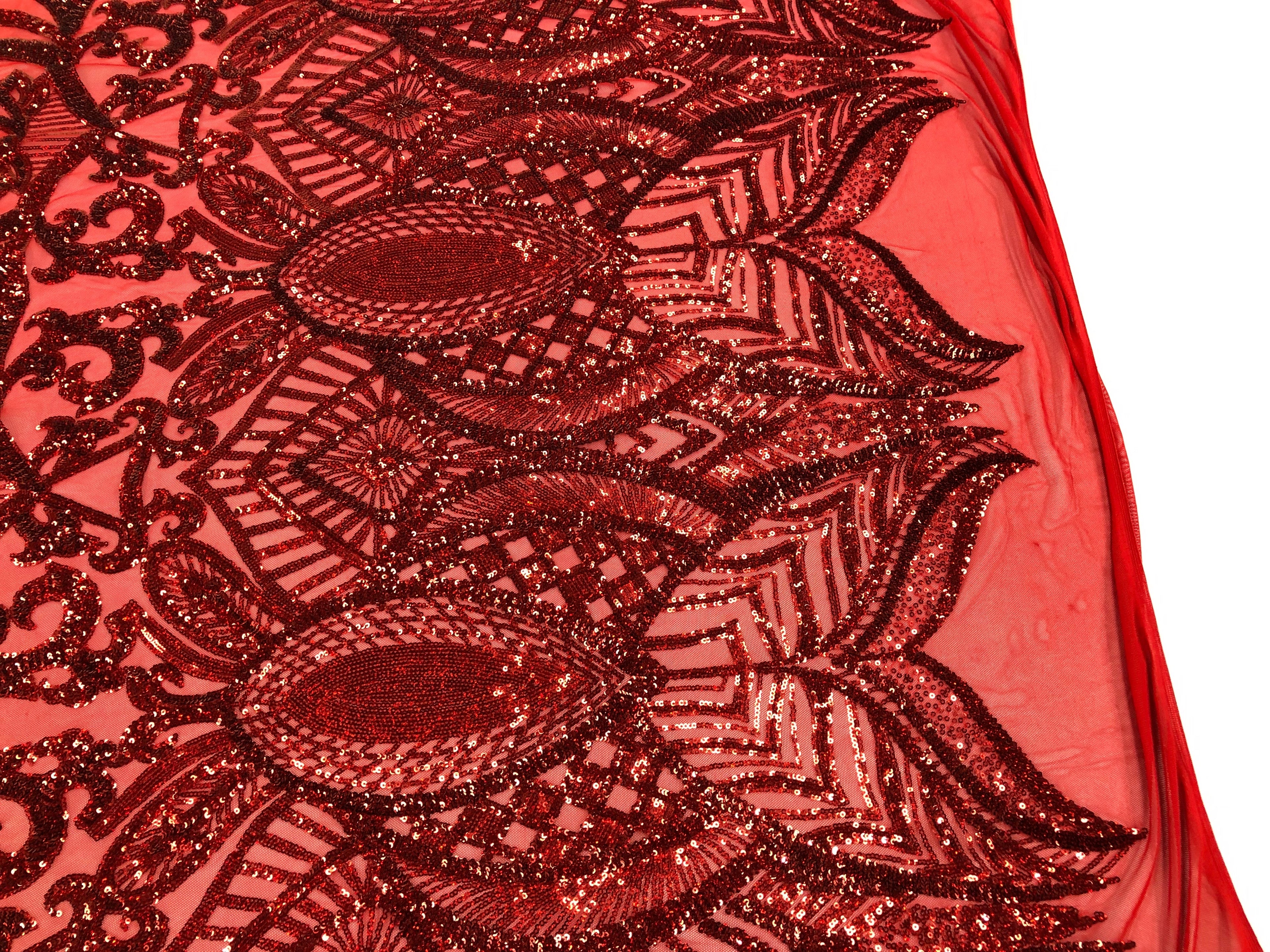 Hologram Red - 4 Way Stretch Embroidered Royalty Sequins Design Fabric By Yard