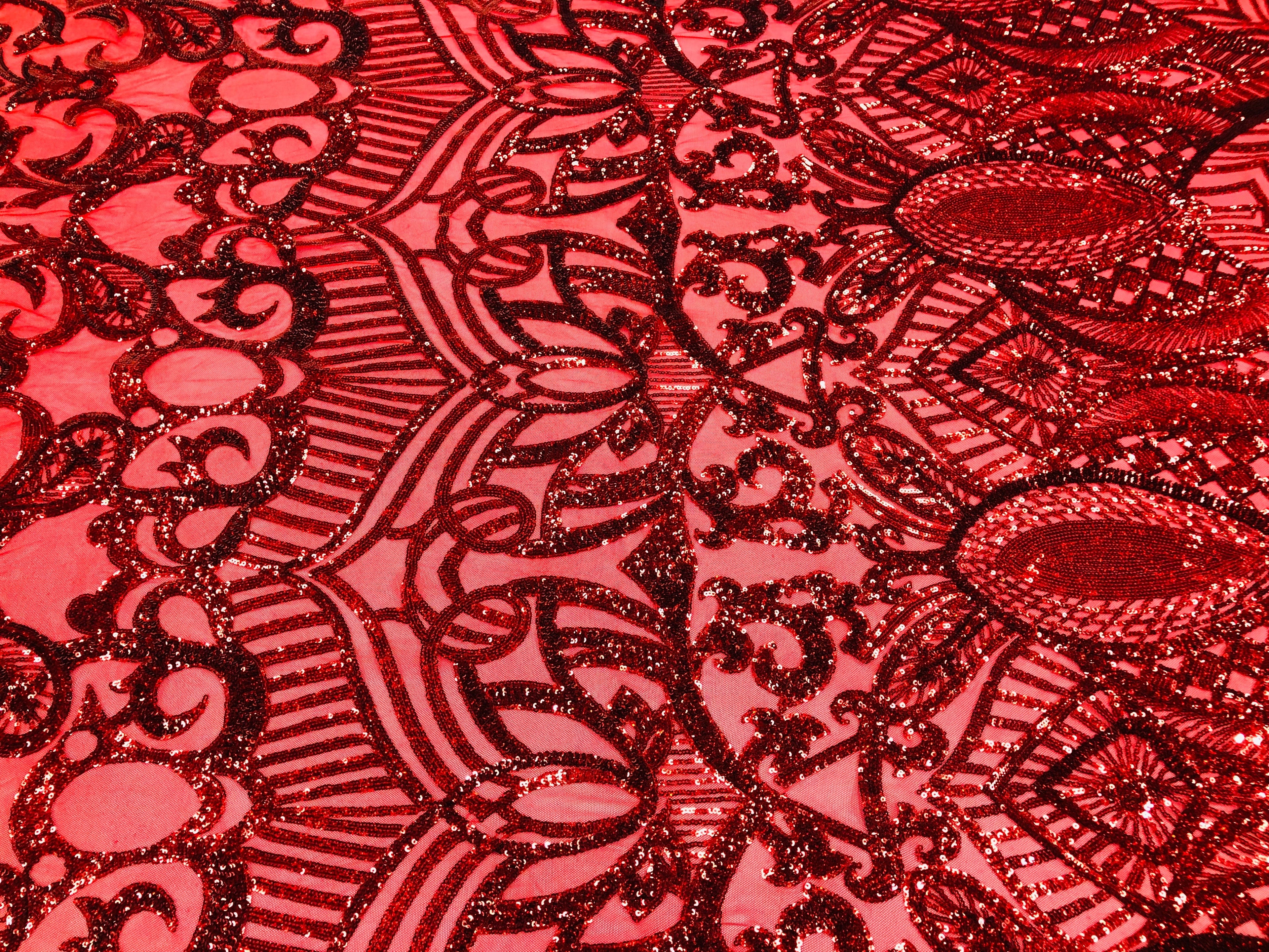 Hologram Red - 4 Way Stretch Embroidered Royalty Sequins Design Fabric By Yard