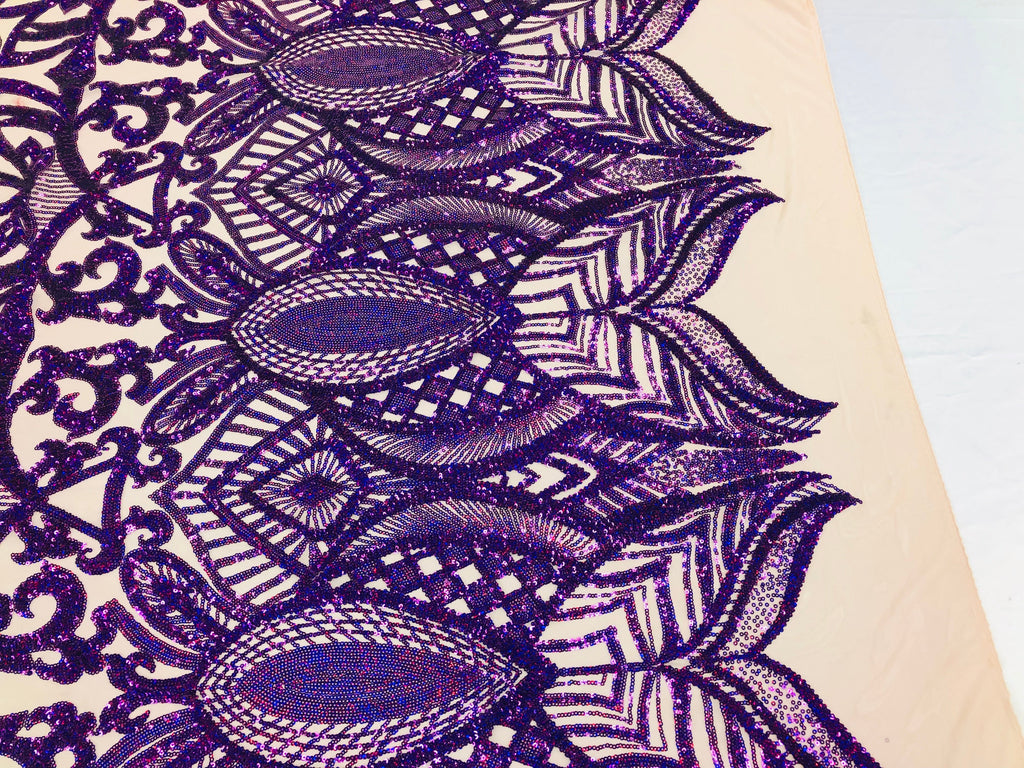 Hologram Purple - 4 Way Stretch Embroidered Royalty Sequins Design Fabric By Yard
