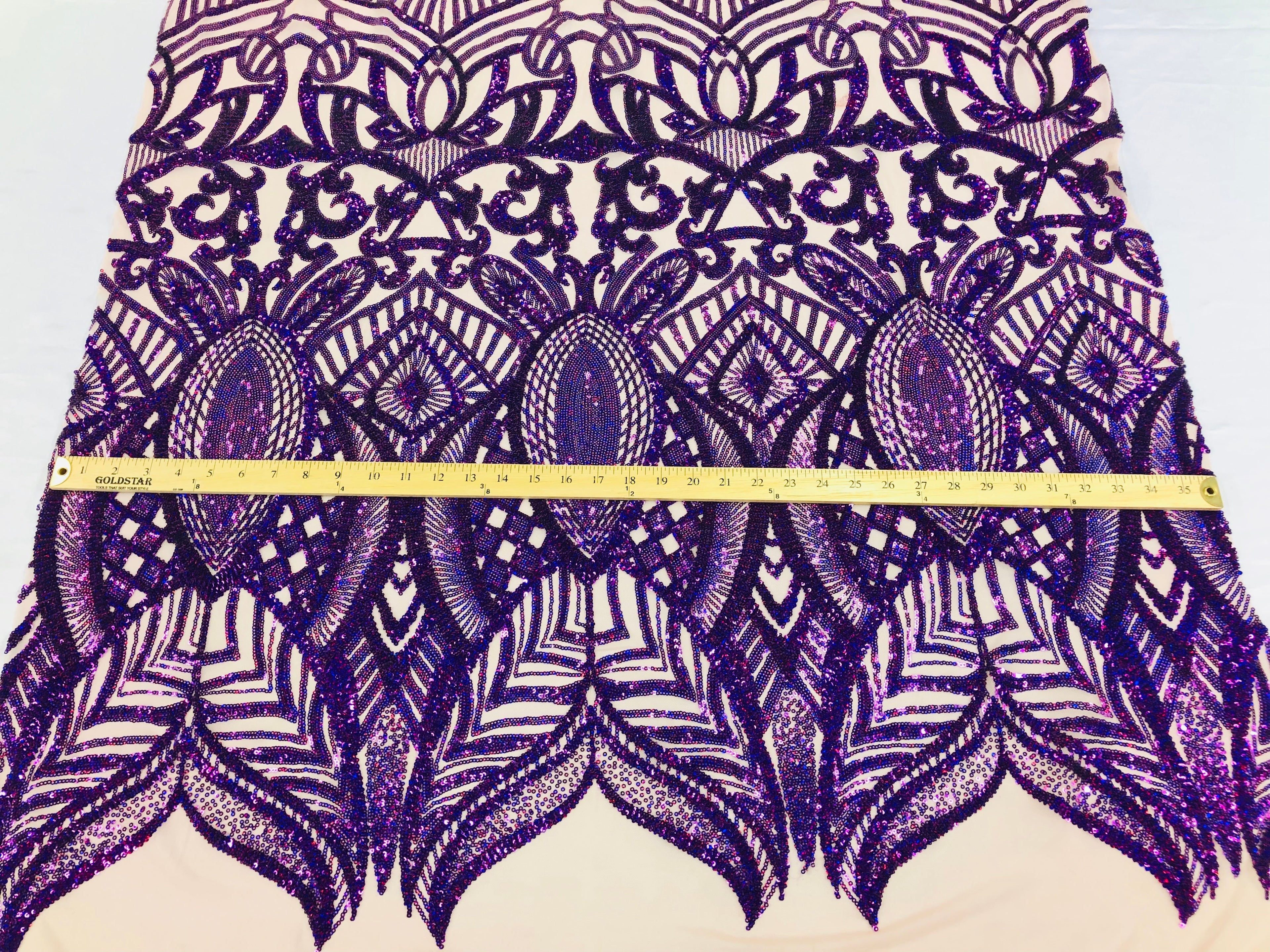 Hologram Purple - 4 Way Stretch Embroidered Royalty Sequins Design Fabric By Yard