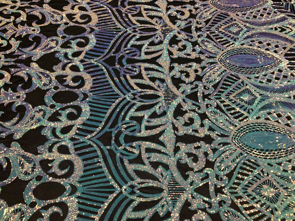 Iridescent Baby Blue - 4 Way Stretch Embroidered Royalty Sequins Design Fabric By Yard