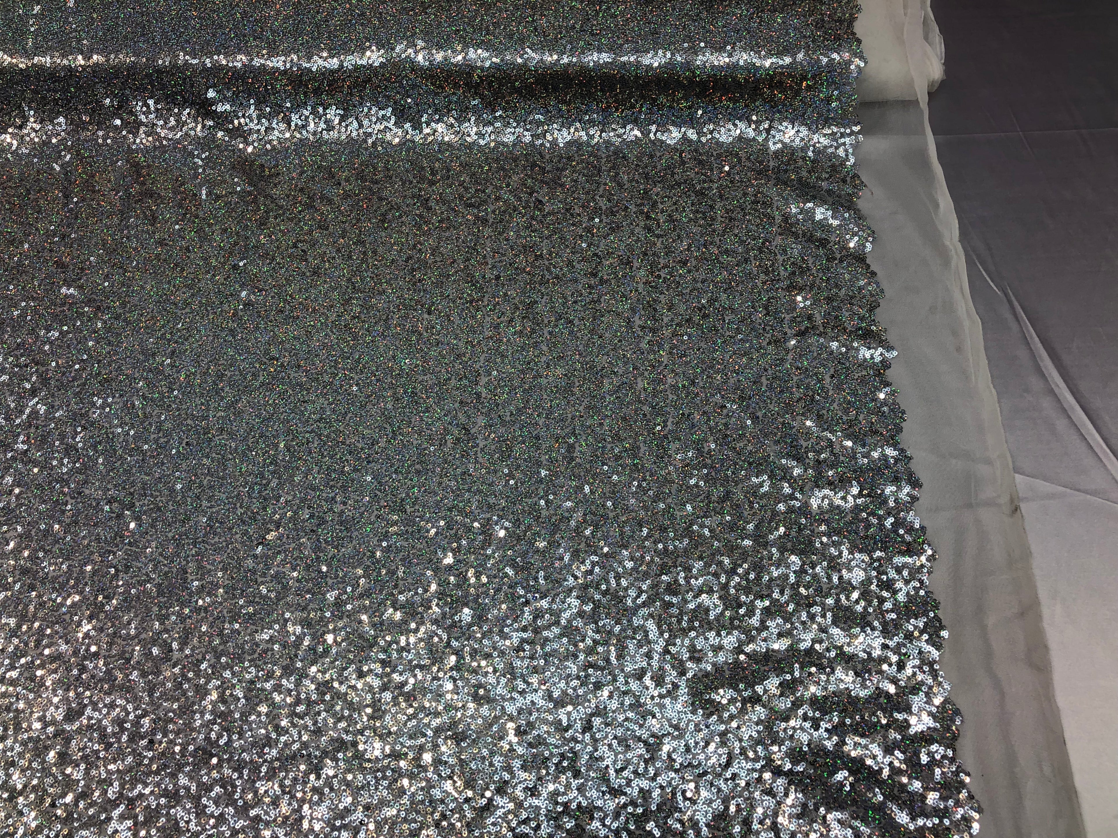 Mini Glitz Sequins - Hologram Silver - Stretch Shiny Sequins Mesh Fabric Sold By The Yard