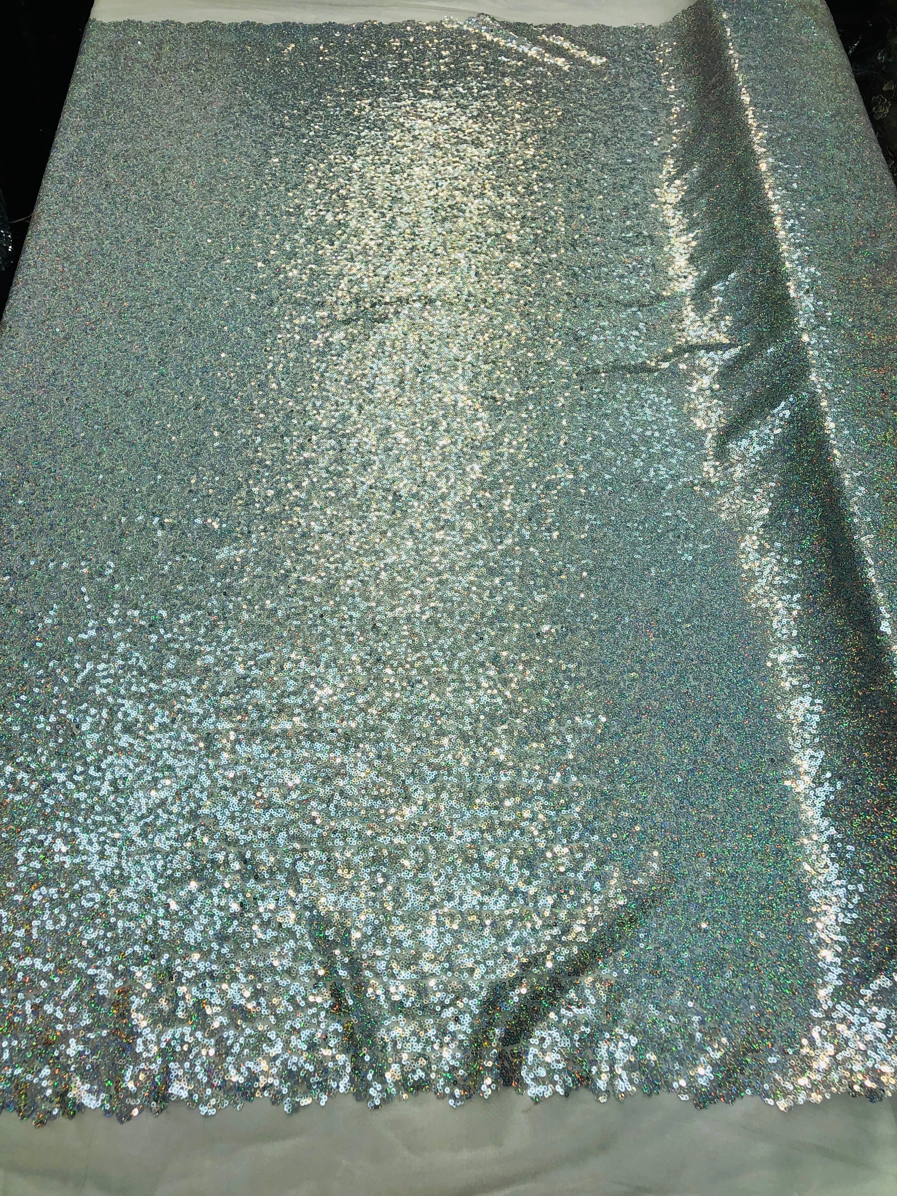 Mini Glitz Sequins - Hologram Silver - Stretch Shiny Sequins Mesh Fabric Sold By The Yard