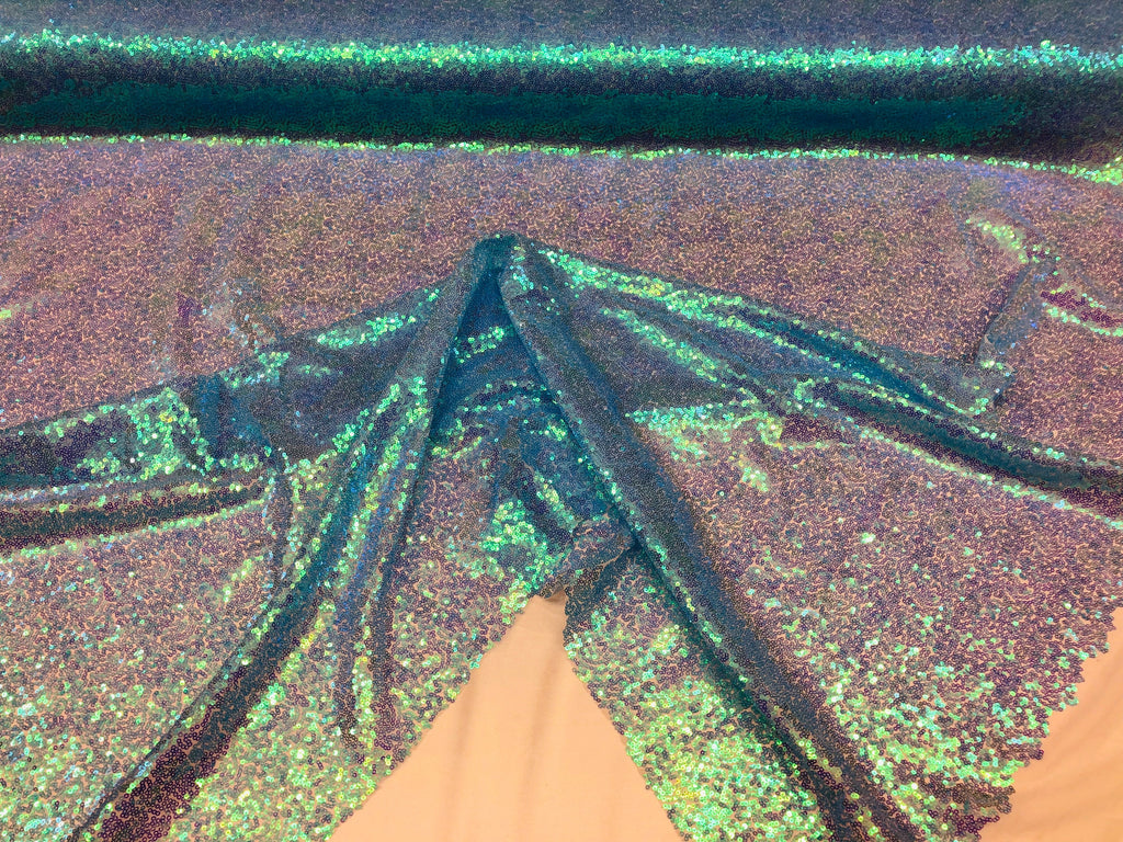 Mini Glitz Sequins - Iridescent Turquoise - Stretch Shiny Sequins Mesh Fabric Sold By The Yard