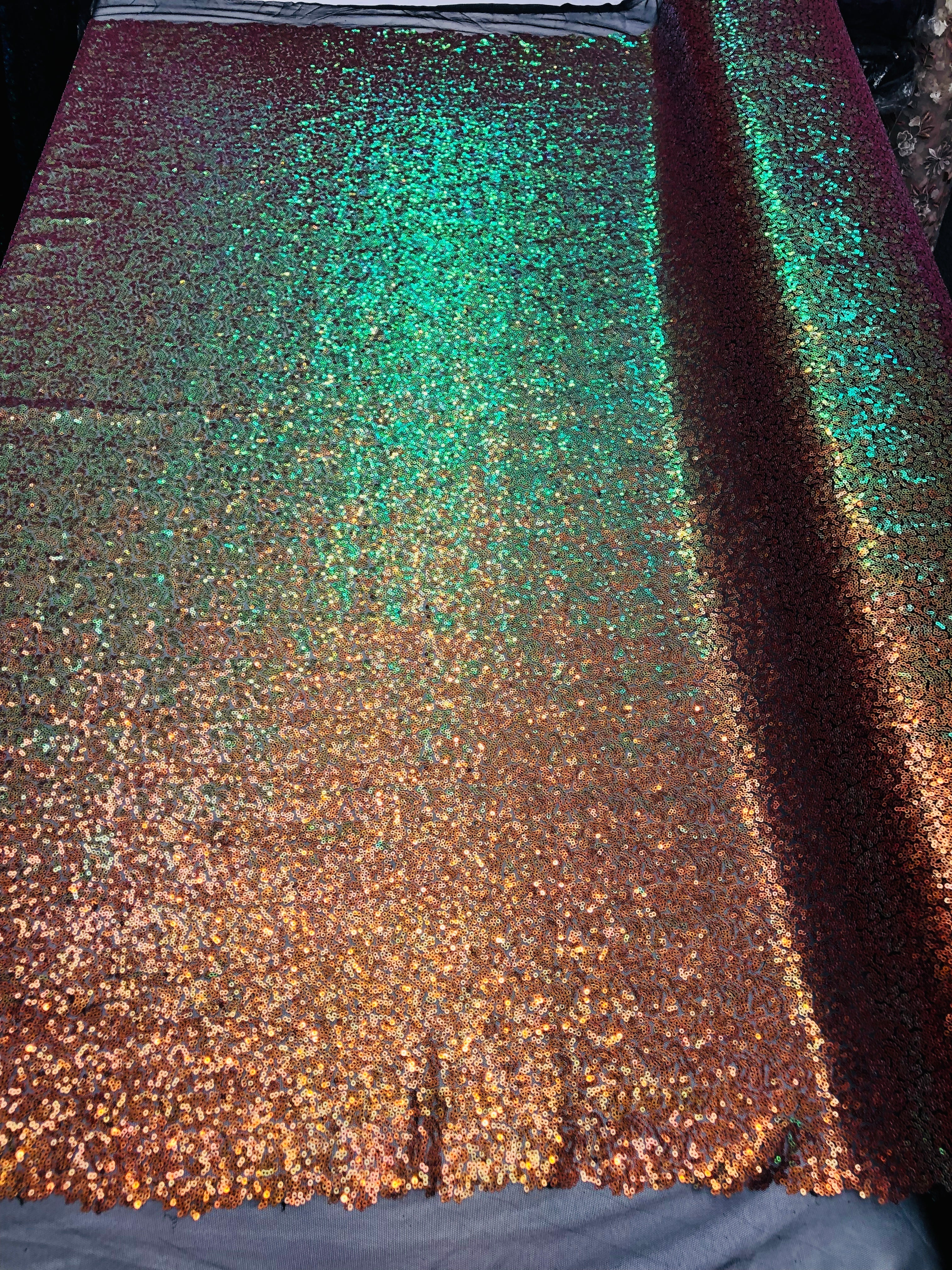 Mini Glitz Sequins - Iridescent Orange -  Stretch Shiny Sequins Mesh Fabric Sold By The Yard