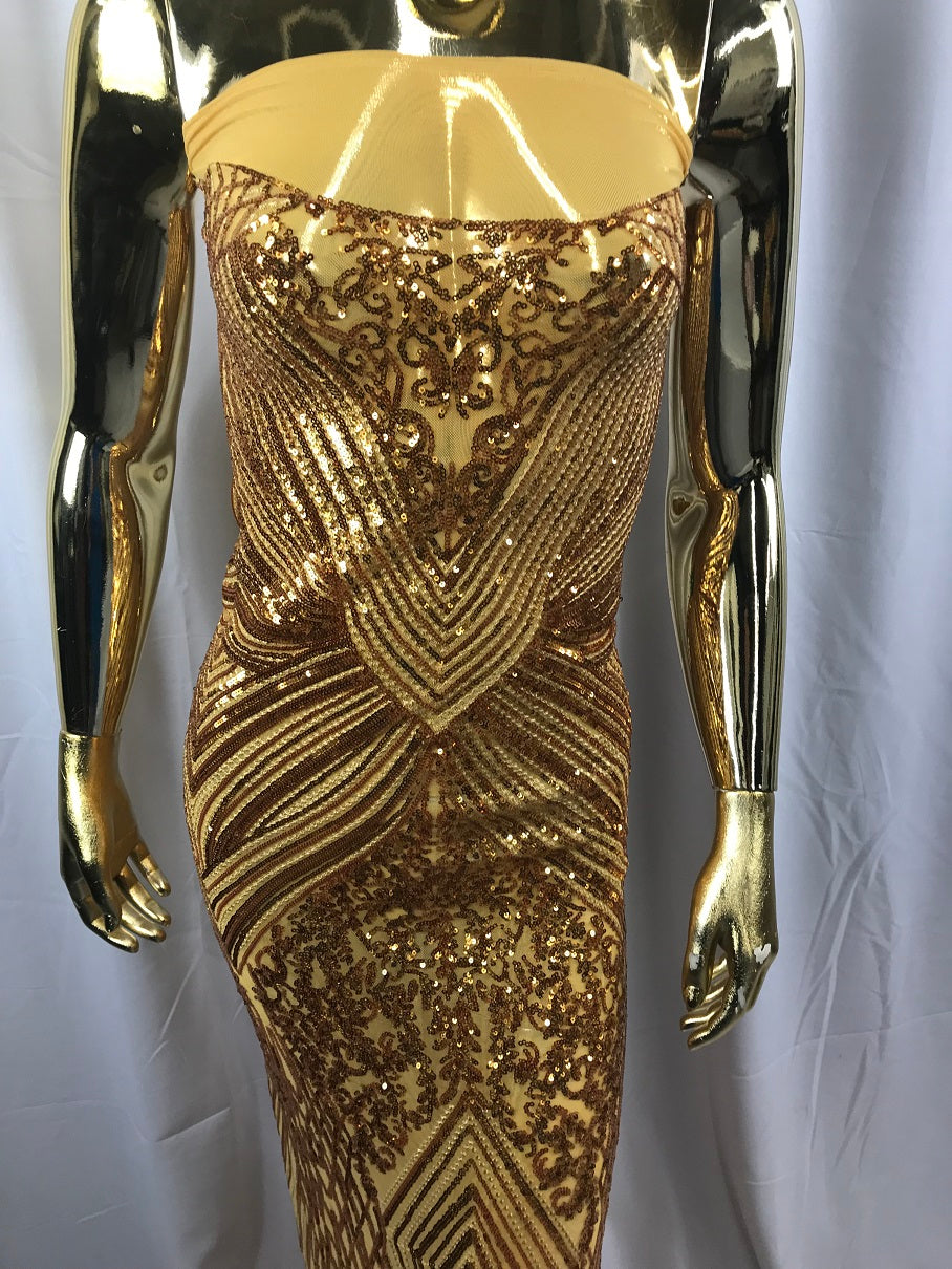 Geometric Sequins Fabric with 4 Way Stretch - Gold -  Elegant Lace Fabrics Sold By The Yard