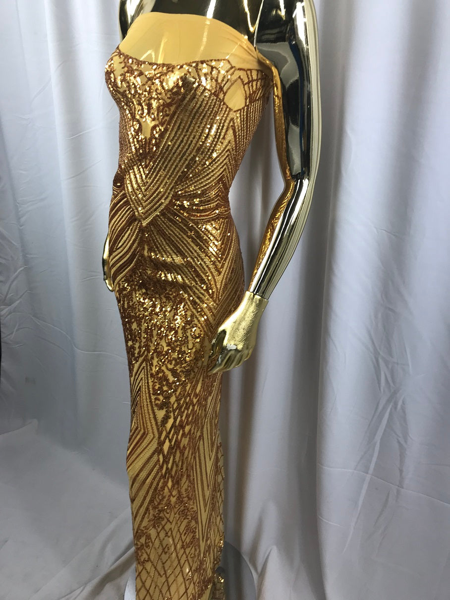 Geometric Sequins Fabric with 4 Way Stretch - Gold -  Elegant Lace Fabrics Sold By The Yard