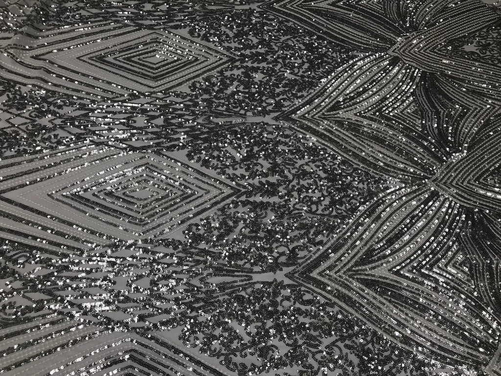 Silver Geometric Sequins Fabric with 4 Way Stretch -  Elegant Lace Fabrics Sold By The Yard