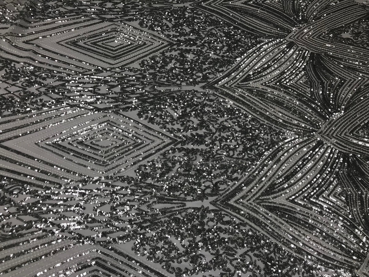 Silver Geometric Sequins Fabric with 4 Way Stretch -  Elegant Lace Fabrics Sold By The Yard