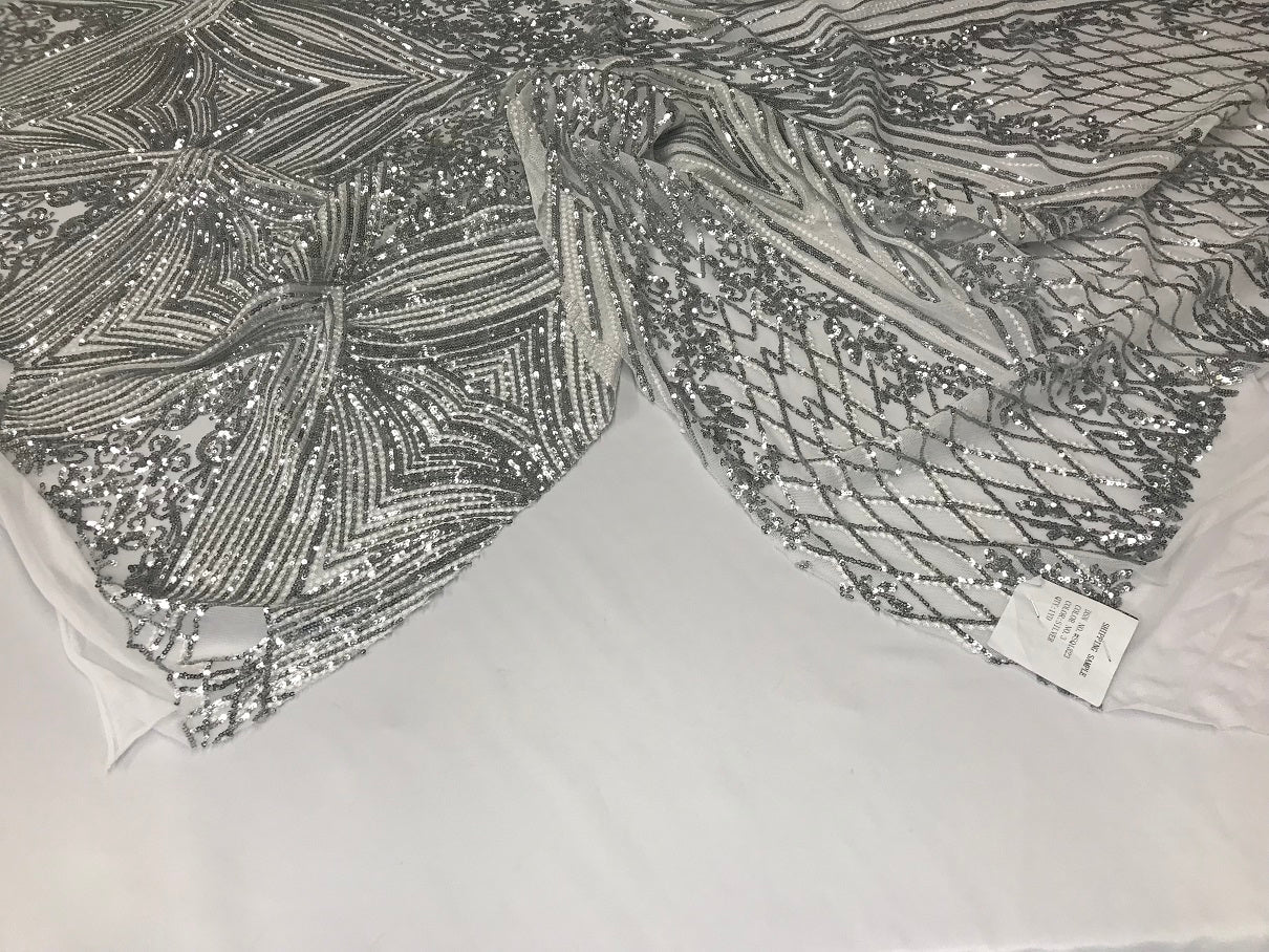 Silver Geometric Sequins Fabric with 4 Way Stretch -  Elegant Lace Fabrics Sold By The Yard