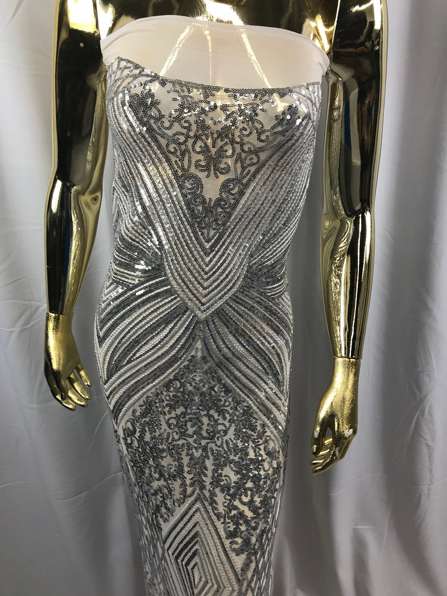 Silver Geometric Sequins Fabric with 4 Way Stretch -  Elegant Lace Fabrics Sold By The Yard