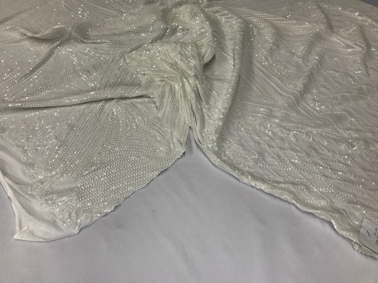 Geometric Sequins Fabric with 4 Way Stretch - Ivory-  Elegant Lace Fabrics Sold By The Yard