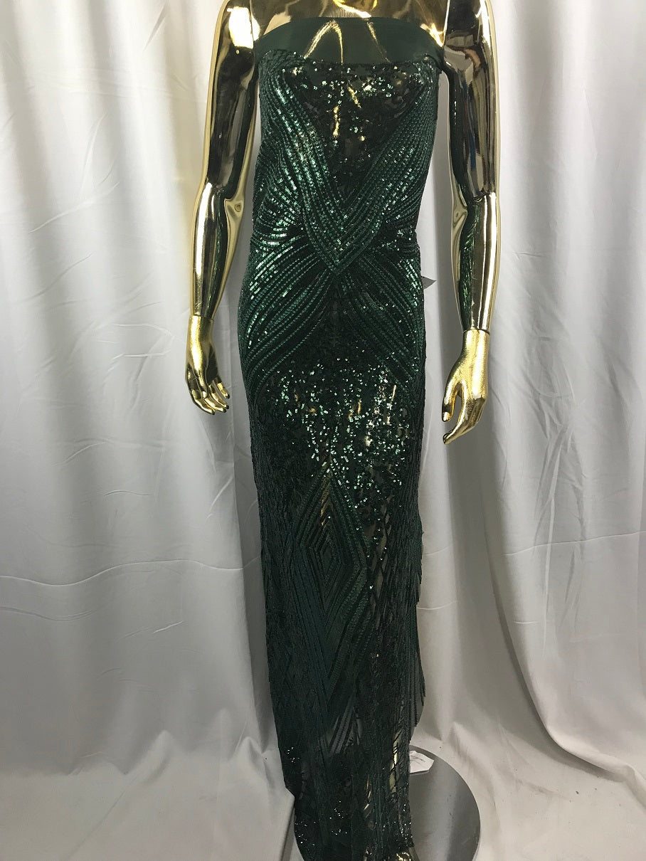 Geometric Sequins Fabric with 4 Way Stretch - Hunter Green-  Elegant Lace  Fabrics Sold By The Yard