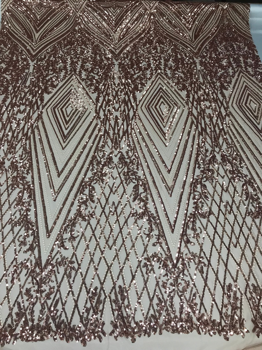 Geometric Sequins Fabric with 4 Way Stretch - Rose Gold -  Elegant Lace  Fabrics Sold By The Yard