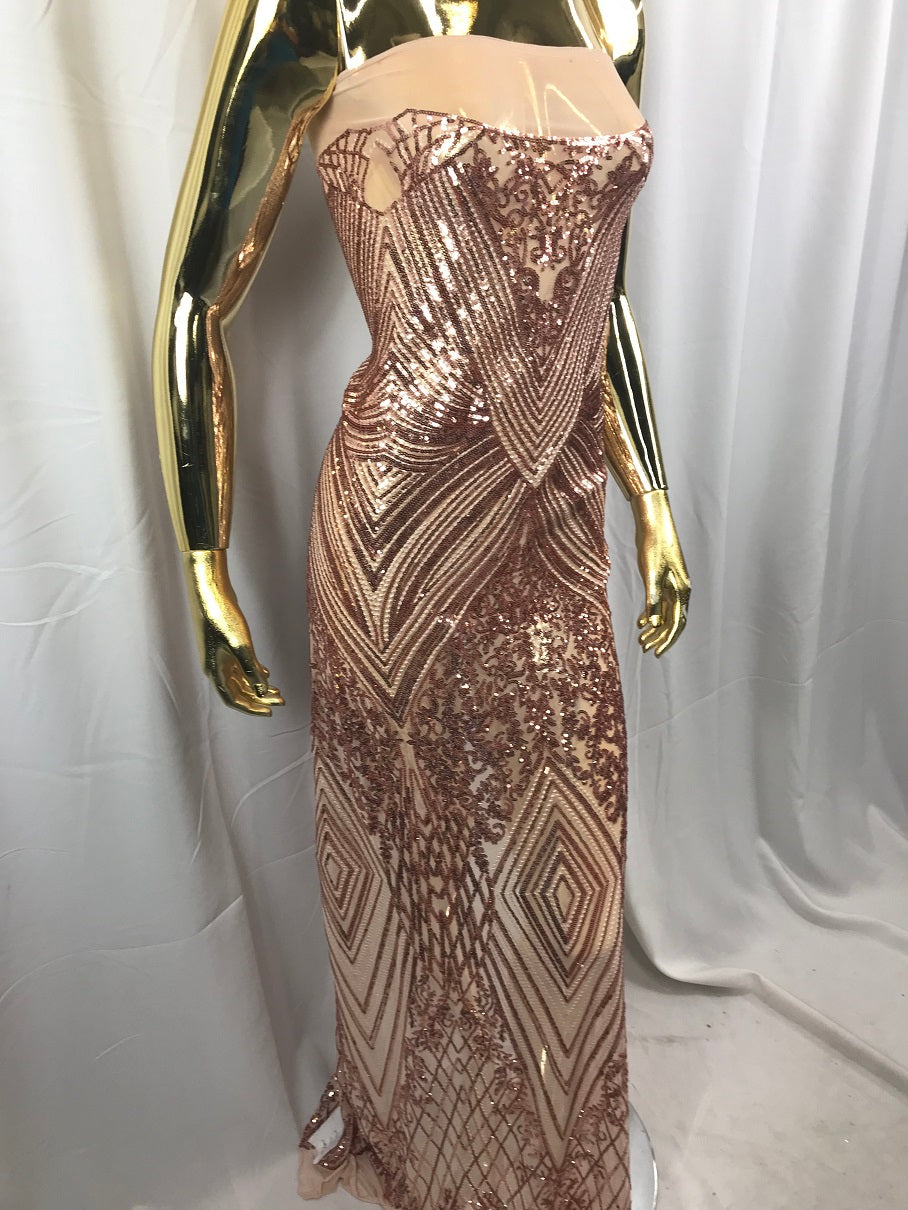 Geometric Sequins Fabric with 4 Way Stretch - Rose Gold -  Elegant Lace  Fabrics Sold By The Yard