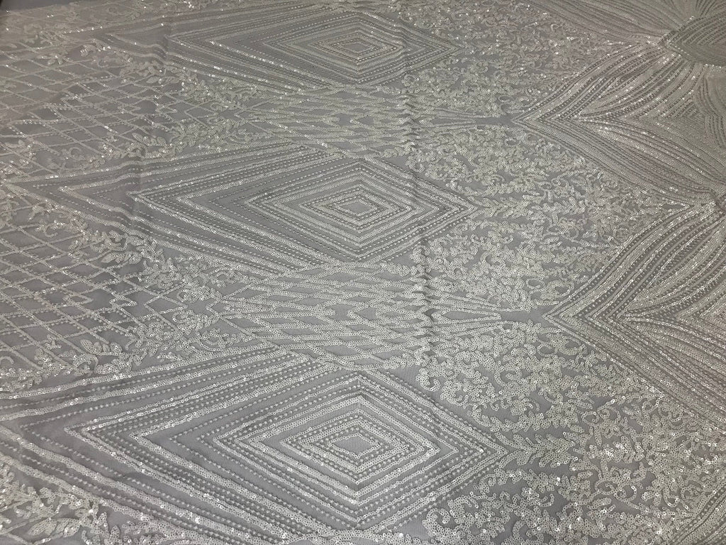 Geometric Sequins Fabric with 4 Way Stretch White Elegant Lace Fabrics Sold By The Yard