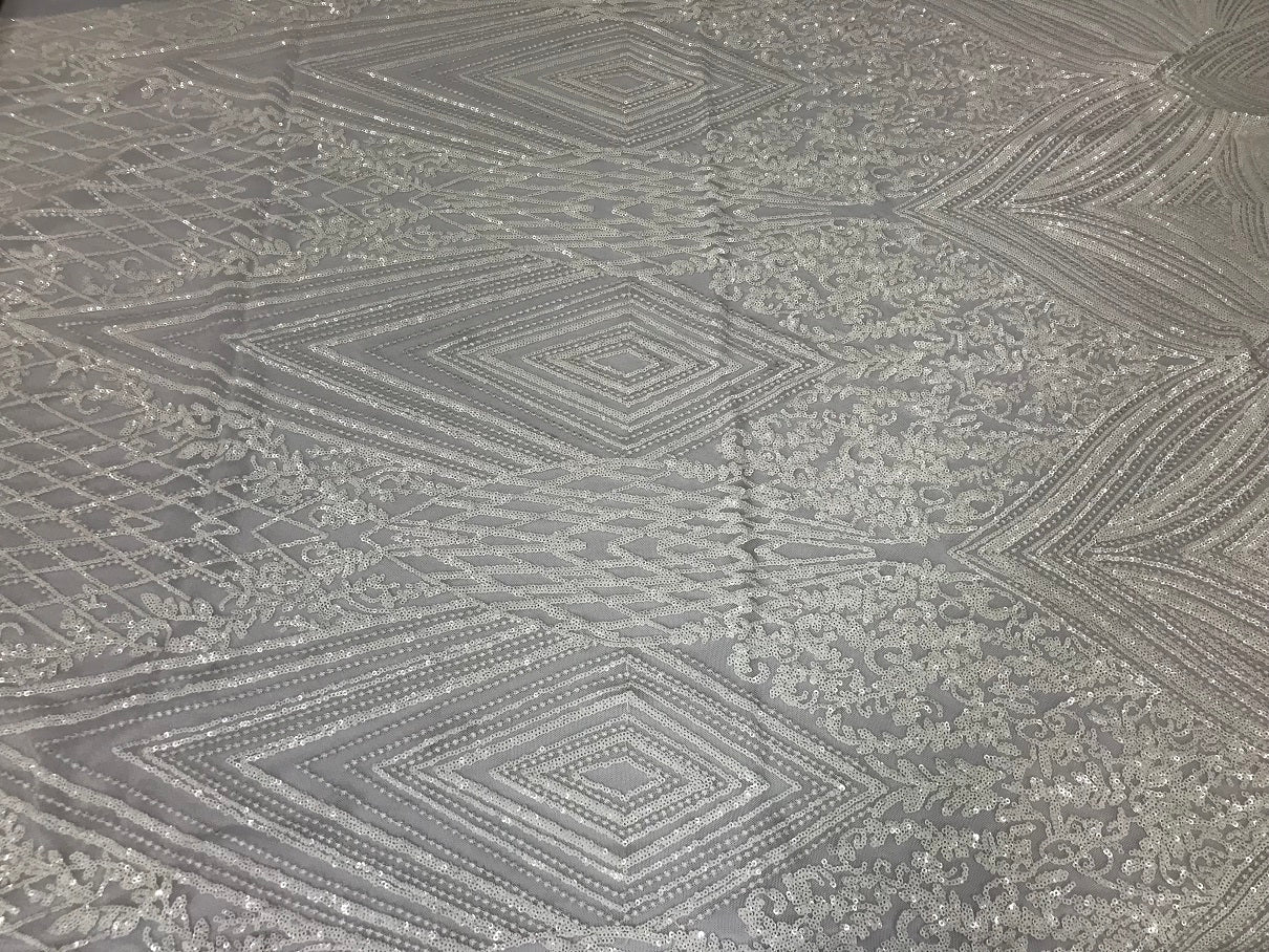 Geometric Sequins Fabric with 4 Way Stretch White Elegant Lace Fabrics Sold By The Yard