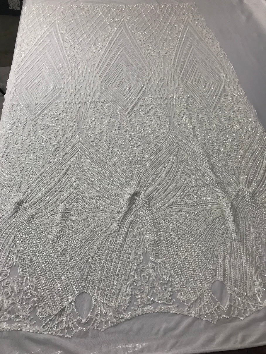 Geometric Sequins Fabric with 4 Way Stretch White Elegant Lace Fabrics Sold By The Yard