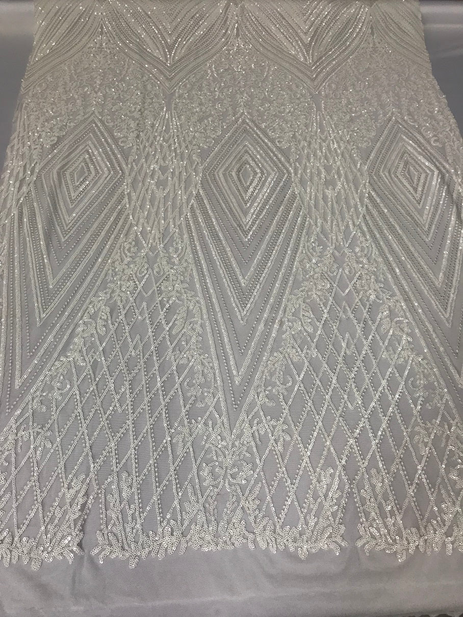 Geometric Sequins Fabric with 4 Way Stretch White Elegant Lace Fabrics Sold By The Yard
