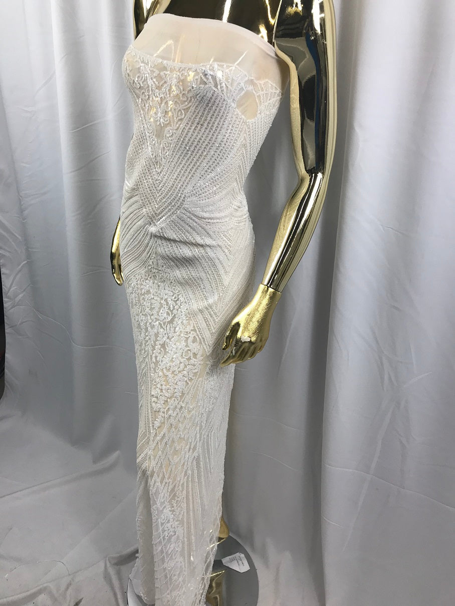 Geometric Sequins Fabric with 4 Way Stretch White Elegant Lace Fabrics Sold By The Yard