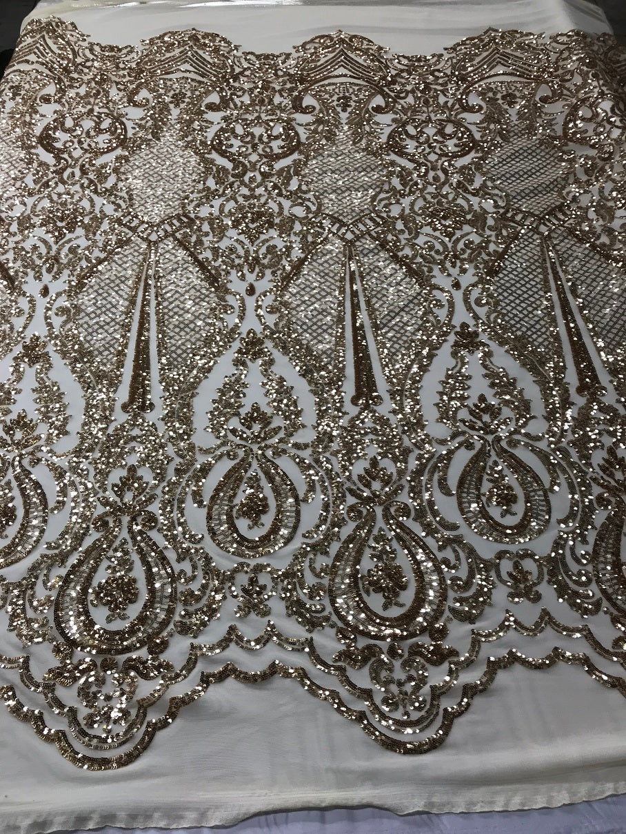 Fancy Design Sequins Fabric with 4 Way Stretch - Gold -  Beautiful Fabrics Sold By The Yard