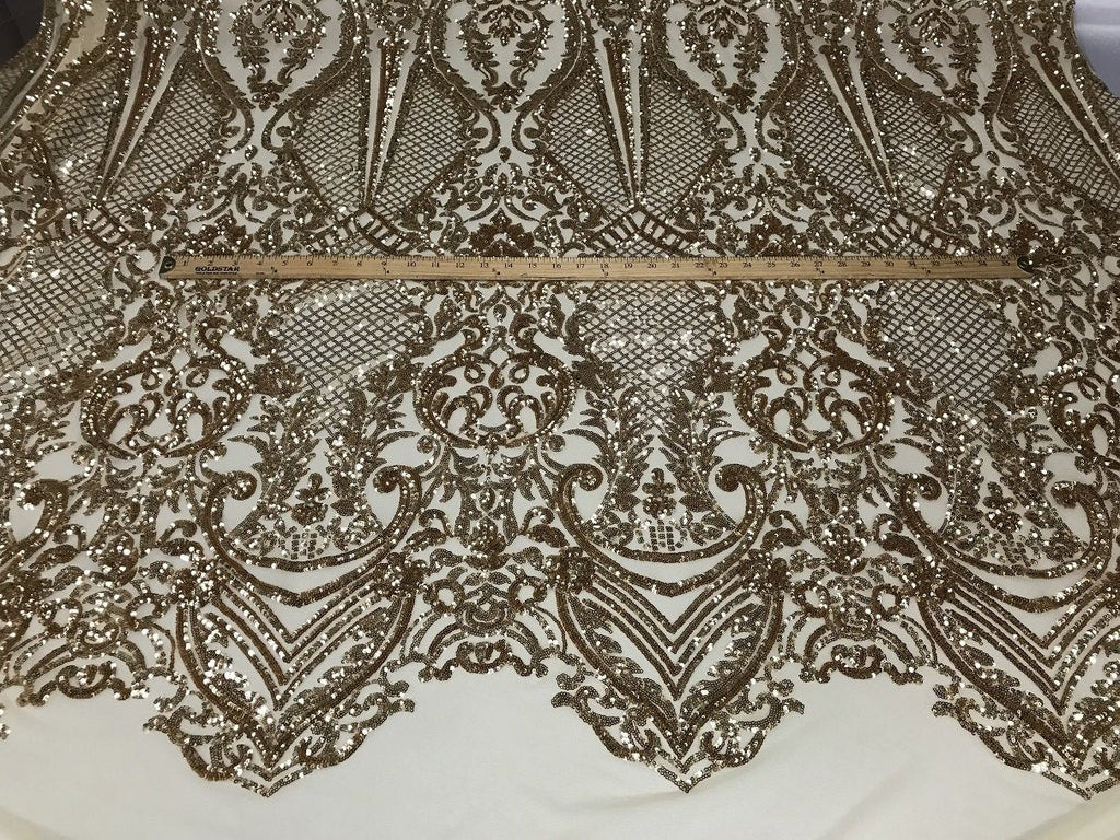 Fancy Design Sequins Fabric with 4 Way Stretch - Gold -  Beautiful Fabrics Sold By The Yard