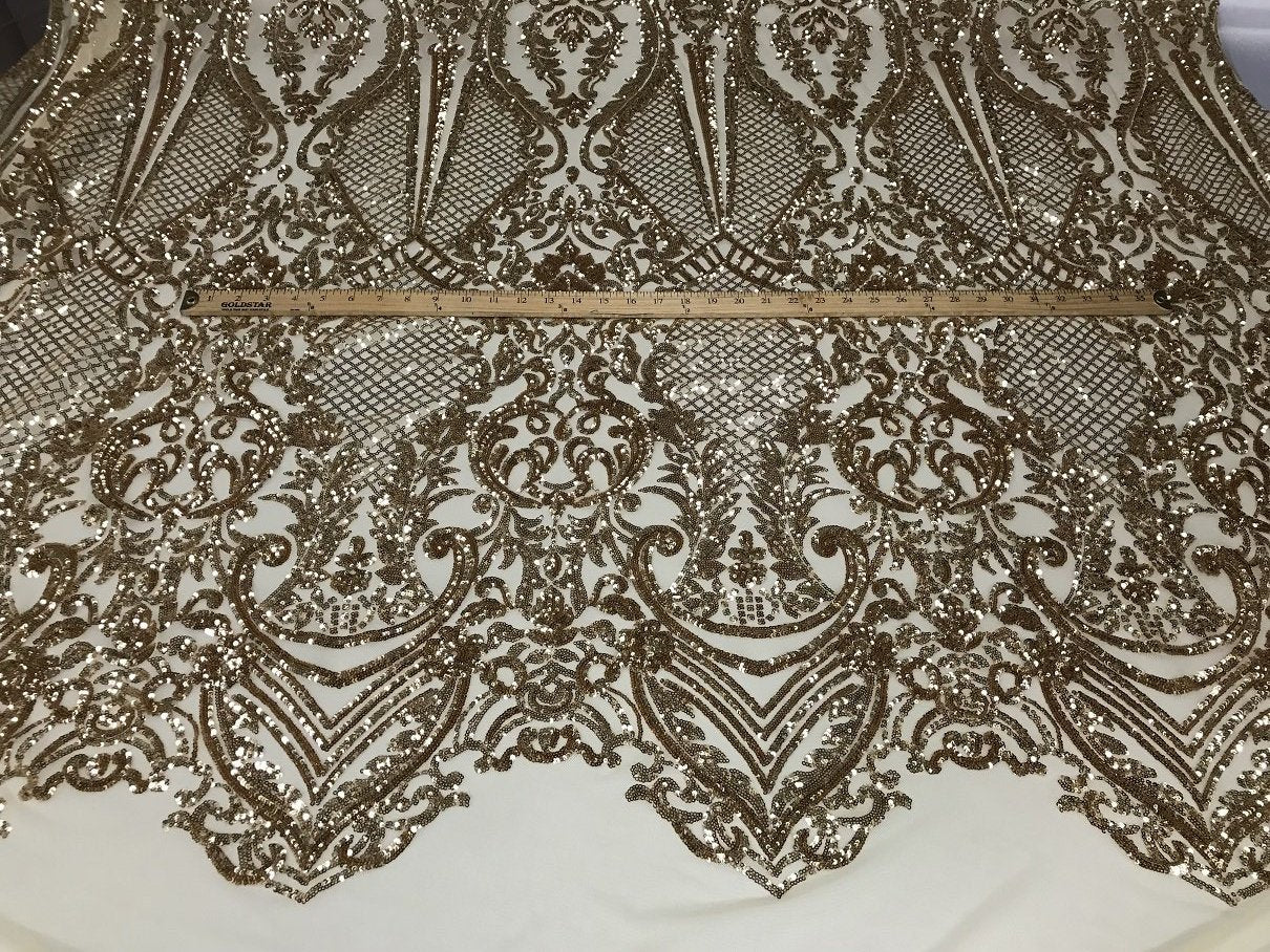 Fancy Design Sequins Fabric with 4 Way Stretch - Gold -  Beautiful Fabrics Sold By The Yard