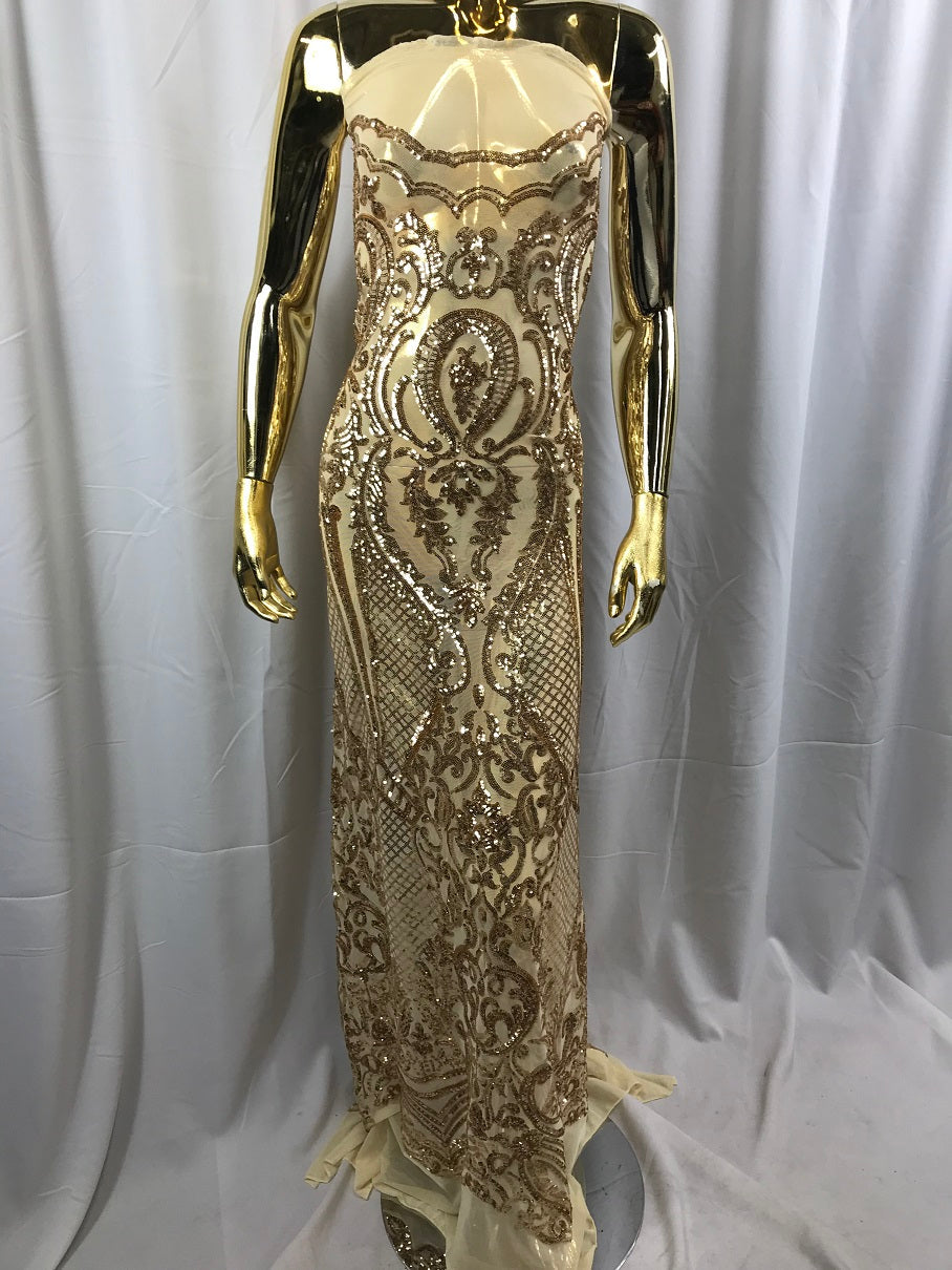 Fancy Design Sequins Fabric with 4 Way Stretch - Gold -  Beautiful Fabrics Sold By The Yard