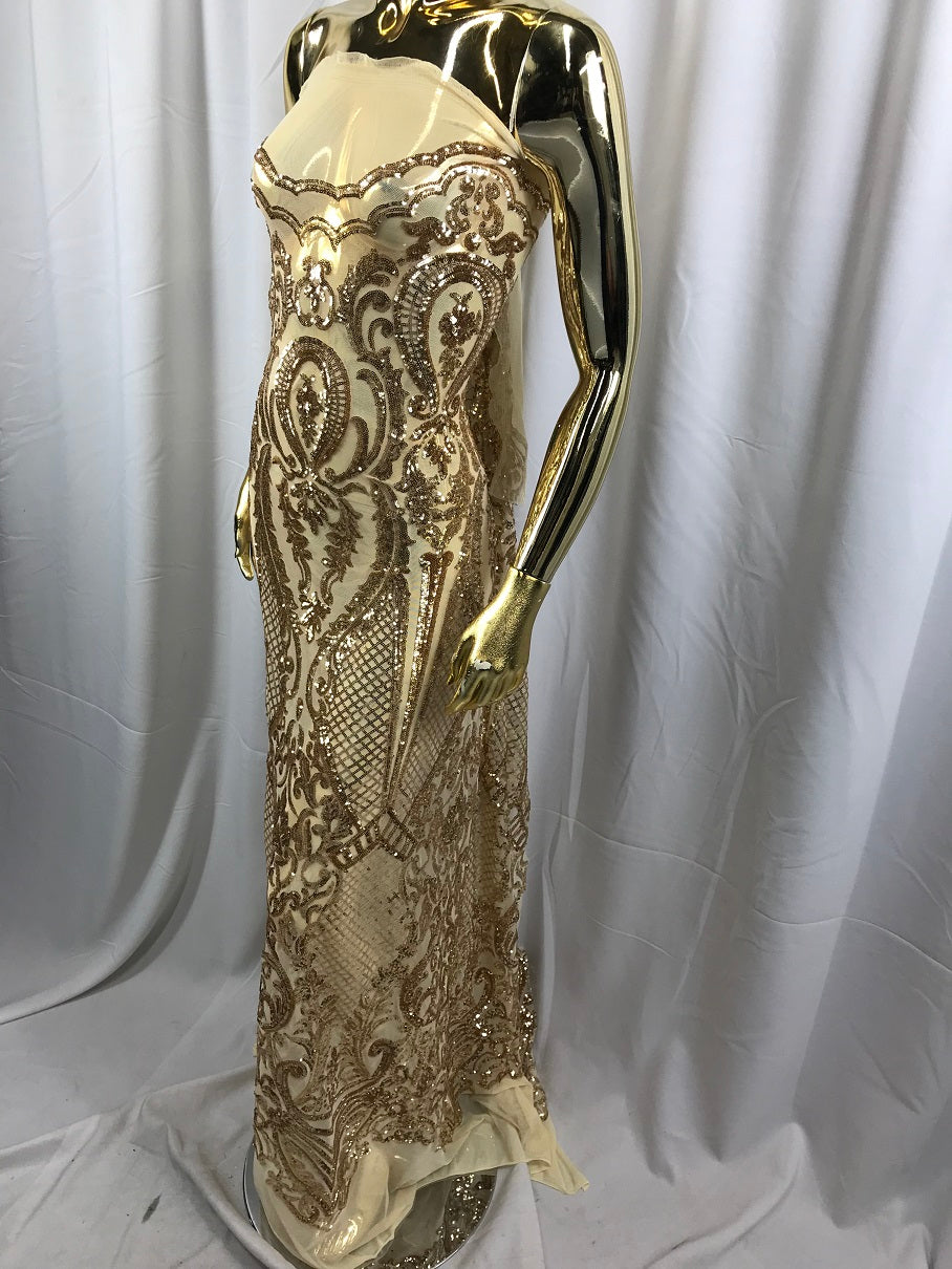 Fancy Design Sequins Fabric with 4 Way Stretch - Gold -  Beautiful Fabrics Sold By The Yard