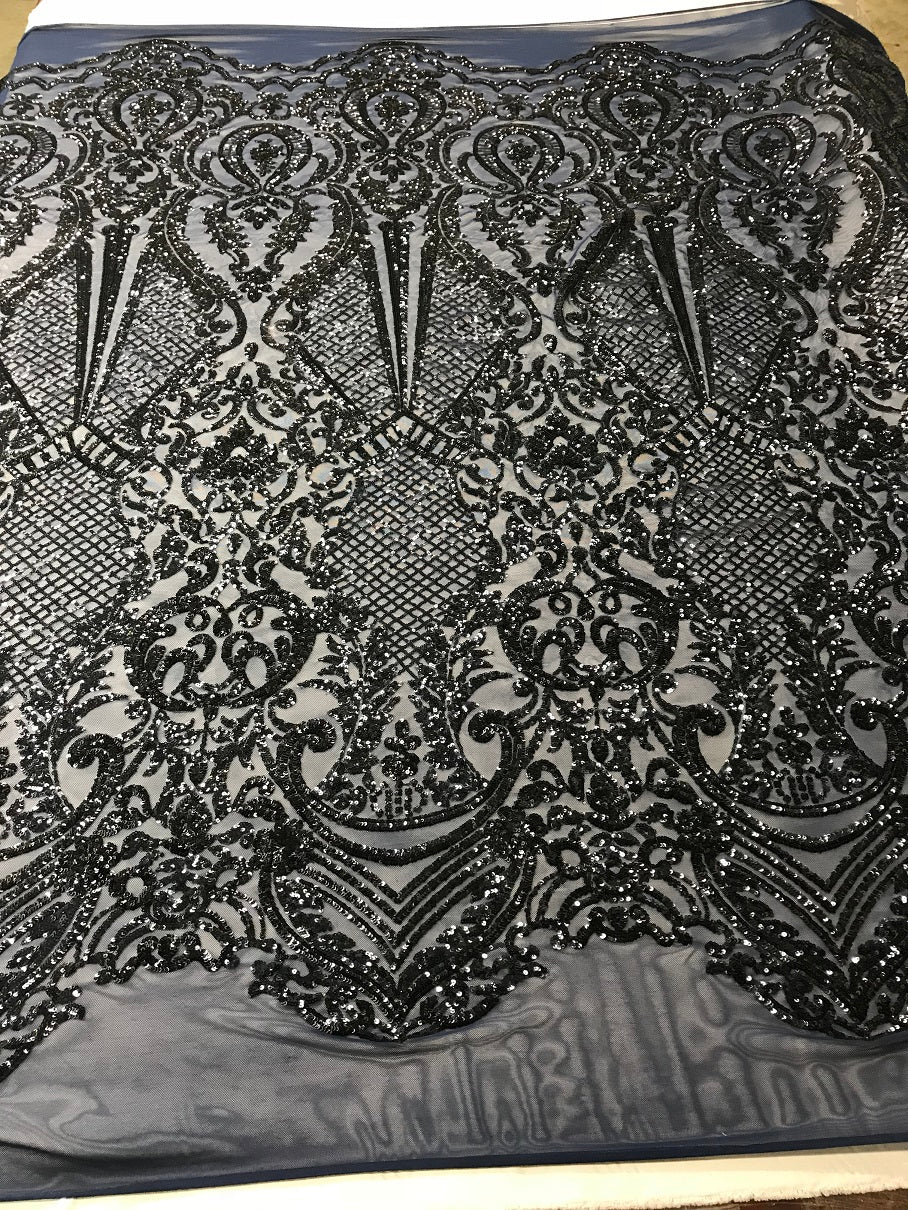 Fancy Design Sequins Fabric with 4 Way Stretch - Navy -  Beautiful Fabrics Sold By The Yard