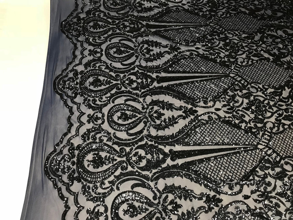 Fancy Design Sequins Fabric with 4 Way Stretch - Navy -  Beautiful Fabrics Sold By The Yard