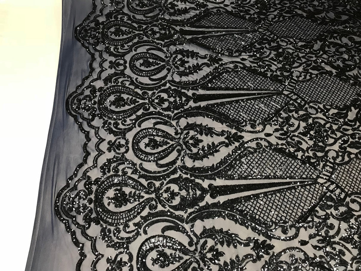 Fancy Design Sequins Fabric with 4 Way Stretch - Navy -  Beautiful Fabrics Sold By The Yard