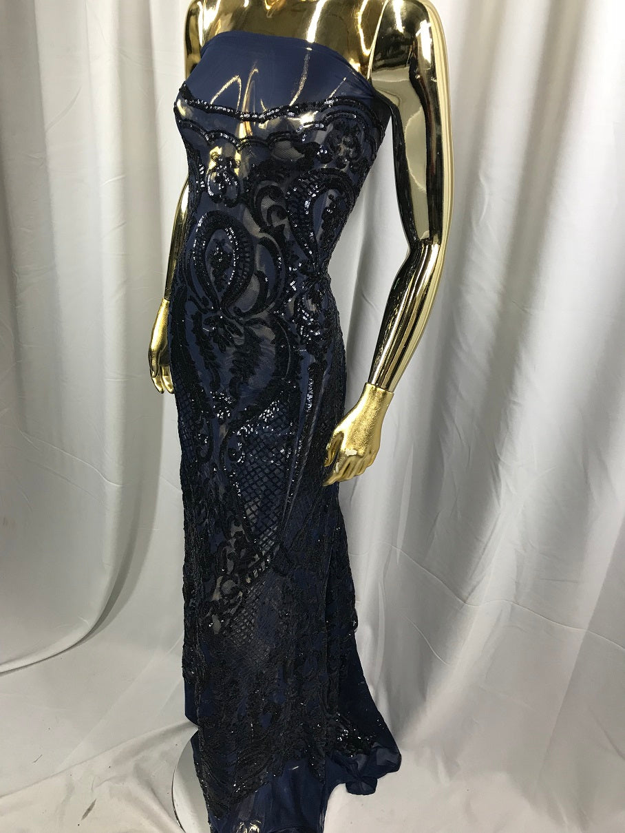 Fancy Design Sequins Fabric with 4 Way Stretch - Navy -  Beautiful Fabrics Sold By The Yard