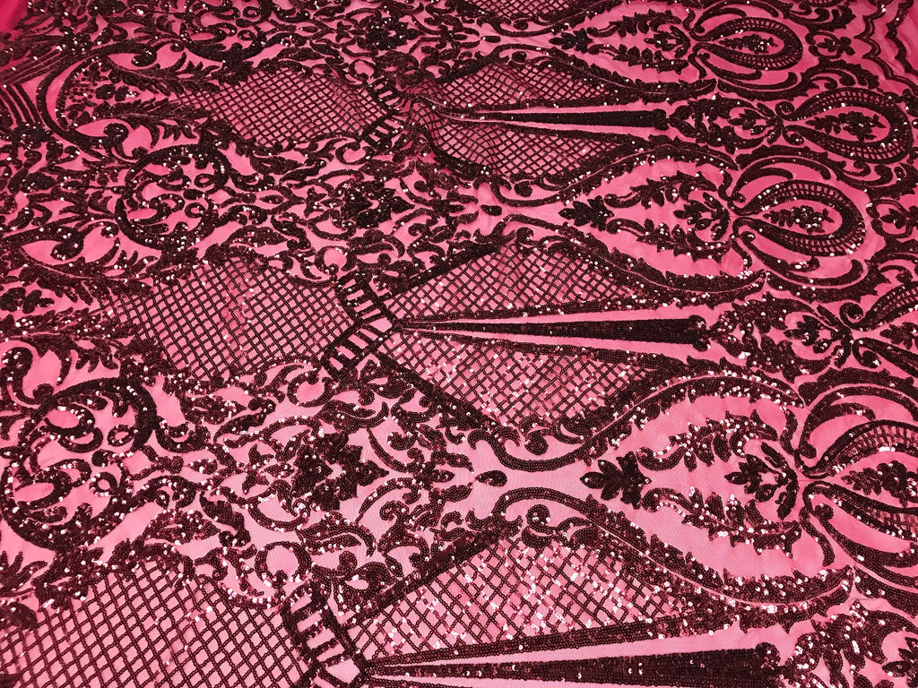Fancy Design Sequins Fabric with 4 Way Stretch - Burgundy  -  BeautifulFabrics Sold By The Yard