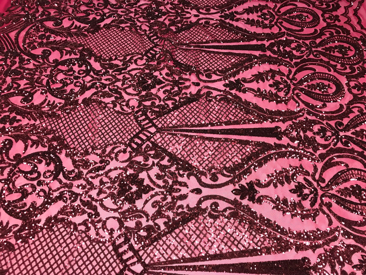 Fancy Design Sequins Fabric with 4 Way Stretch - Burgundy  -  BeautifulFabrics Sold By The Yard