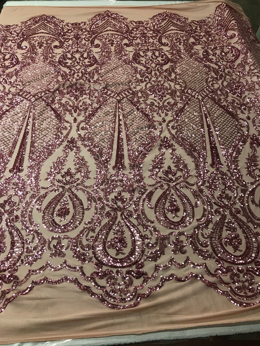 Fancy Design Sequins Fabric with 4 Way Stretch - Pink -  Beautiful Fabrics Sold By The Yard