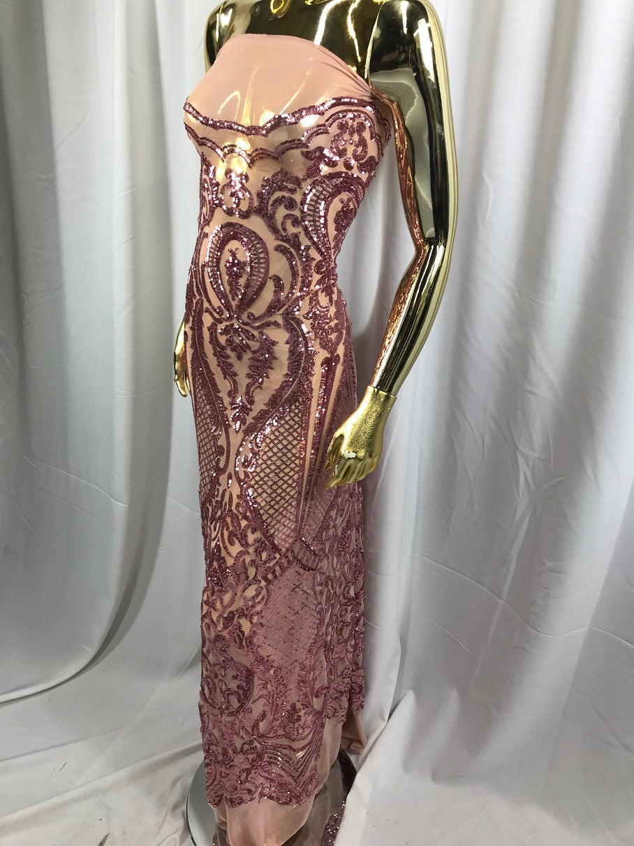 Fancy Design Sequins Fabric with 4 Way Stretch - Pink -  Beautiful Fabrics Sold By The Yard