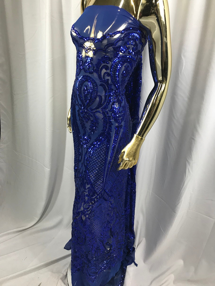 Fancy Design Sequins Fabric with 4 Way Stretch - Royal Blue -  Beautiful Fabrics Sold By The Yard