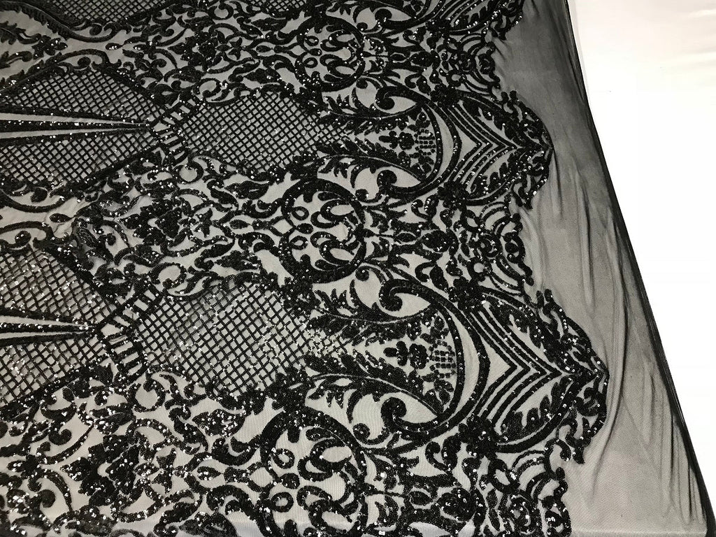Fancy Design Sequins Fabric with 4 Way Stretch - Black  -  Beautiful  Fabrics Sold By The Yard