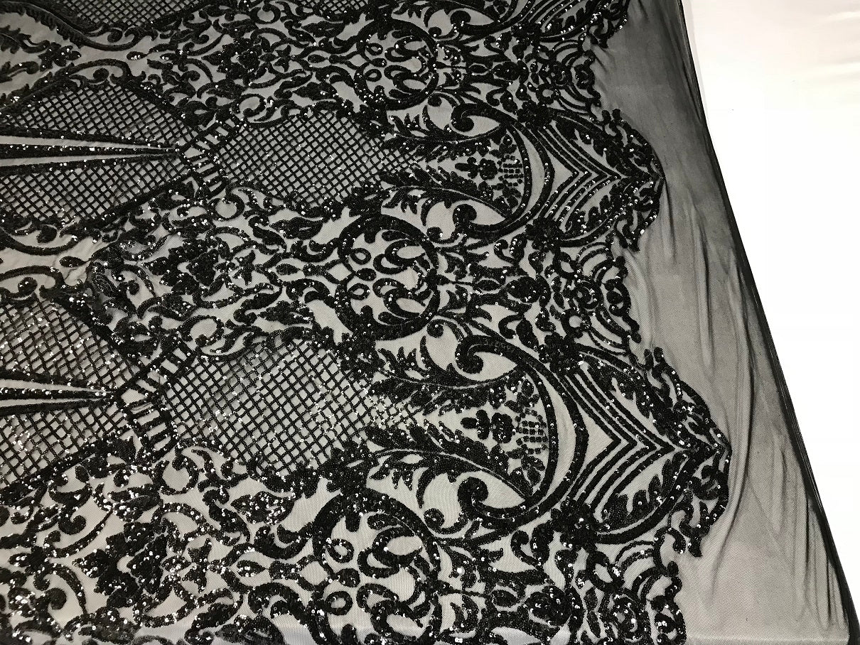 Fancy Design Sequins Fabric with 4 Way Stretch - Black  -  Beautiful  Fabrics Sold By The Yard