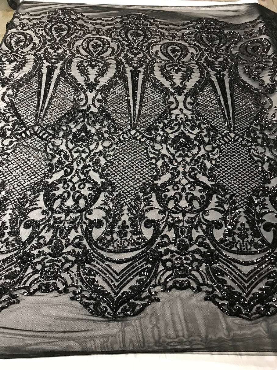 Fancy Design Sequins Fabric with 4 Way Stretch - Black  -  Beautiful  Fabrics Sold By The Yard