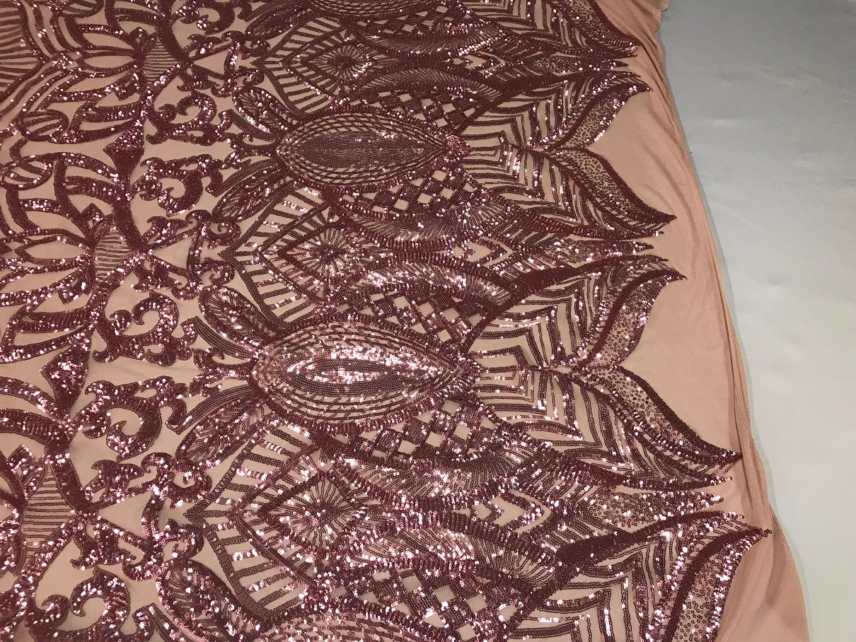 Dusty Rose - 4 Way Stretch Embroidered Royalty Sequins Fancy Design Fabric By Yard